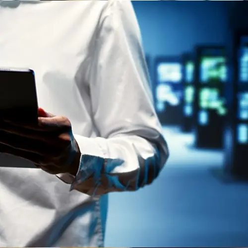 Person holding a tablet in a blue-lit server room