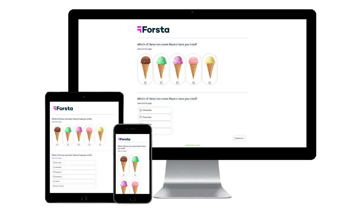 Forsta survey shown on a desktop monitor, tablet and phone